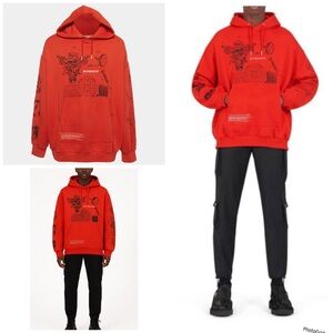 Givenchy Graphic Print Cotton V-Neck Mens Oversized Hoodie, Red,‎ XS, LIKENEW